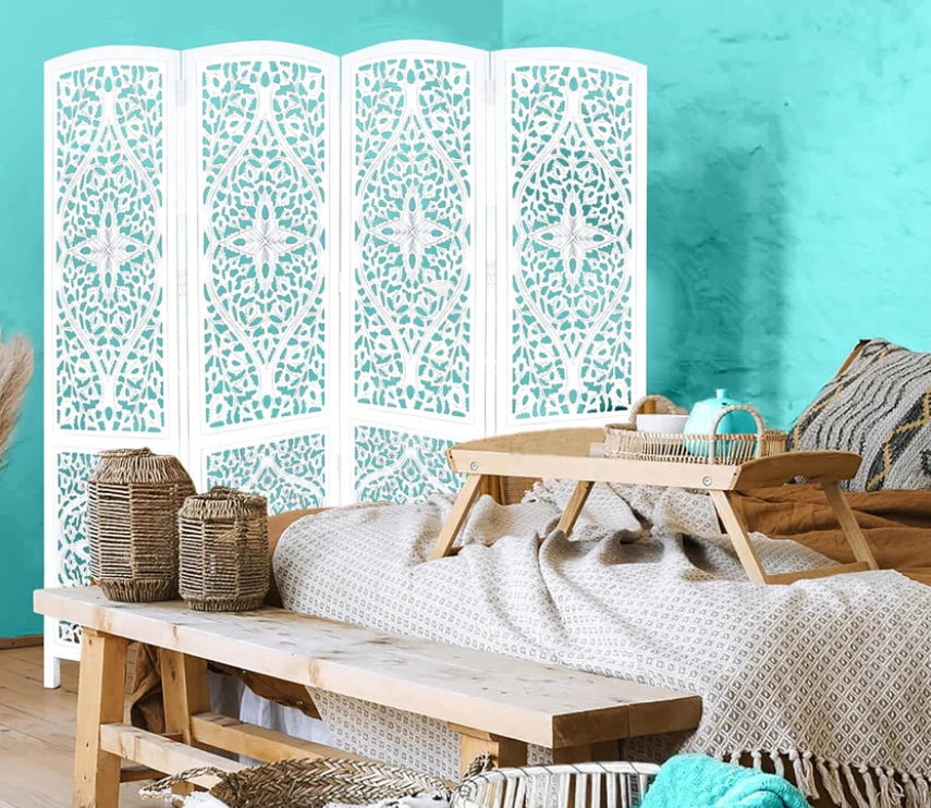 Urbane Crafts Handcrafted Wooden Room Divider & Living Room Partition | 4-Panel Solid Mango Wood & MDF Privacy Screen with Diamond Floral Cutouts & Arched Tops | Classic White Wash Finish