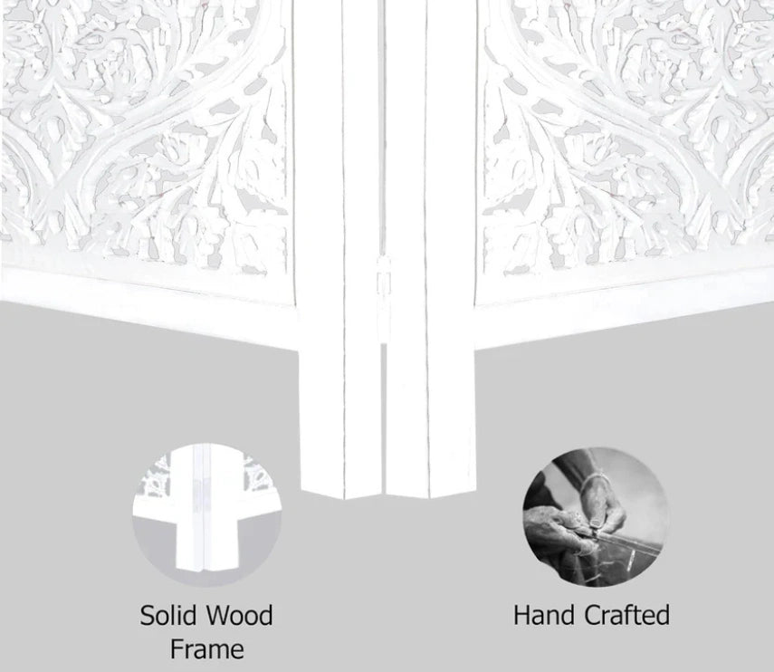 Urbane Crafts Handcrafted Wooden Room Divider & Living Room Partition | 4-Panel Solid Mango Wood & MDF Privacy Screen with Diamond Floral Cutouts & Arched Tops | Classic White Wash Finish