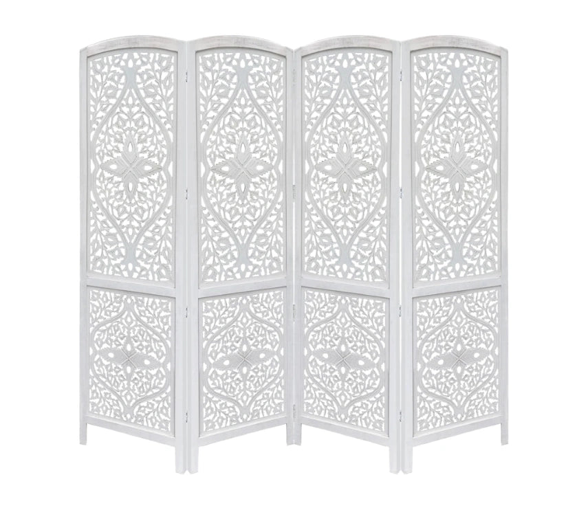 Urbane Crafts Handcrafted Wooden Room Divider & Living Room Partition | 4-Panel Solid Mango Wood & MDF Privacy Screen with Diamond Floral Cutouts & Arched Tops | Classic White Wash Finish