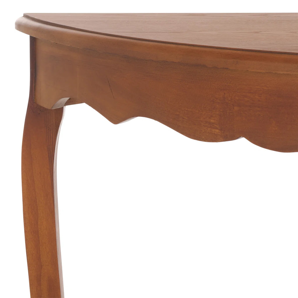 Urbane Crafts Solid Teak Wood Half-Moon Console Table – Vintage Demilune Entryway Table with Scalloped Apron and Storage Shelf