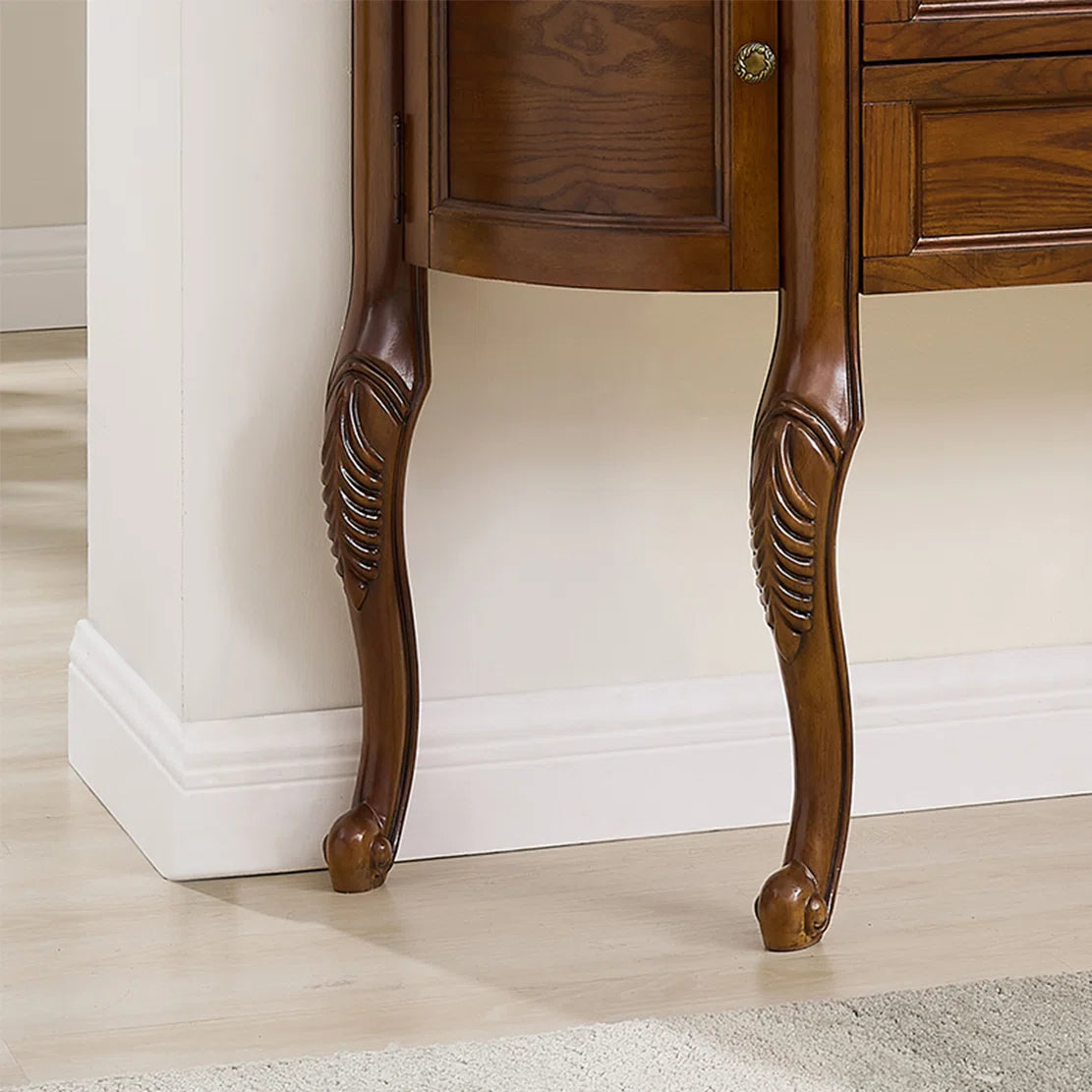 Urbane Crafts Solid Teak Wood Demilune Console Cabinet – Vintage Half-Moon Entryway Sideboard with Drawers, Curved Side Cabinets, and Ornate Cabriole Legs