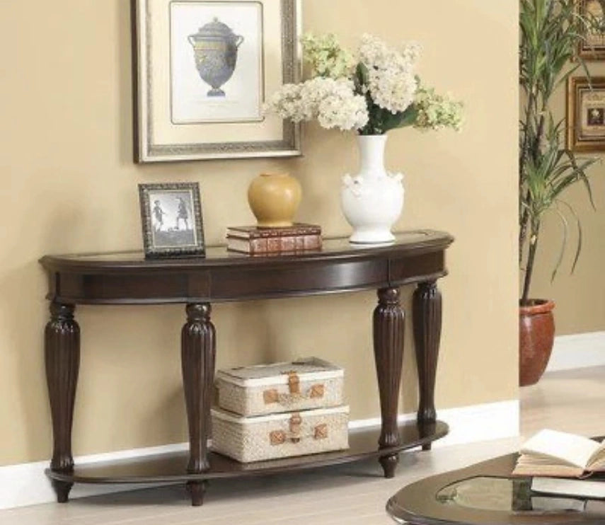 Urbane Crafts Espresso Solid Teak Wood Oval Console Table – Traditional Elongated Sofa Table with Fluted Baluster Legs and Lower Display Shelf