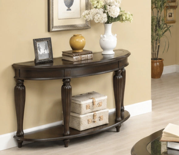 Urbane Crafts Espresso Solid Teak Wood Oval Console Table – Traditional Elongated Sofa Table with Fluted Baluster Legs and Lower Display Shelf