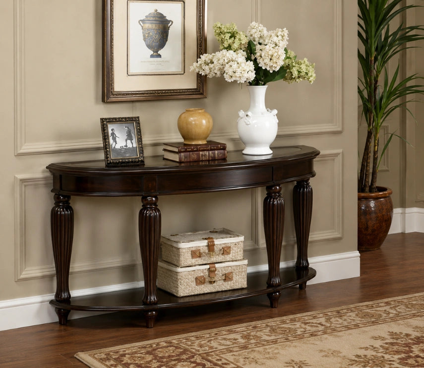 Urbane Crafts Espresso Solid Teak Wood Oval Console Table – Traditional Elongated Sofa Table with Fluted Baluster Legs and Lower Display Shelf