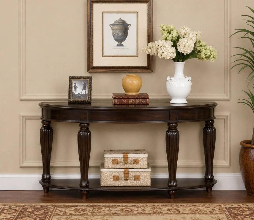 Urbane Crafts Espresso Solid Teak Wood Oval Console Table – Traditional Elongated Sofa Table with Fluted Baluster Legs and Lower Display Shelf