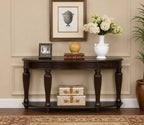 Urbane Crafts Espresso Solid Teak Wood Oval Console Table – Traditional Elongated Sofa Table with Fluted Baluster Legs and Lower Display Shelf
