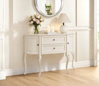 Urbane Crafts Antique White Solid Teak Wood Demilune Console Table – French Country Half-Moon Entryway Cabinet with Drawers and Carved Cabriole Legs