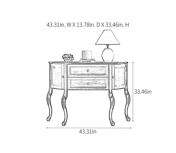 Urbane Crafts Antique White Solid Teak Wood Demilune Console Table – French Country Half-Moon Entryway Cabinet with Drawers and Carved Cabriole Legs