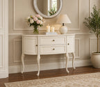 Urbane Crafts Antique White Solid Teak Wood Demilune Console Table – French Country Half-Moon Entryway Cabinet with Drawers and Carved Cabriole Legs