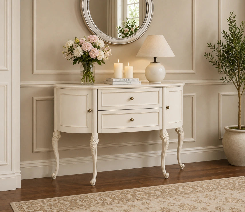 Urbane Crafts Antique White Solid Teak Wood Demilune Console Table – French Country Half-Moon Entryway Cabinet with Drawers and Carved Cabriole Legs