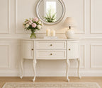 Urbane Crafts Antique White Solid Teak Wood Demilune Console Table – French Country Half-Moon Entryway Cabinet with Drawers and Carved Cabriole Legs