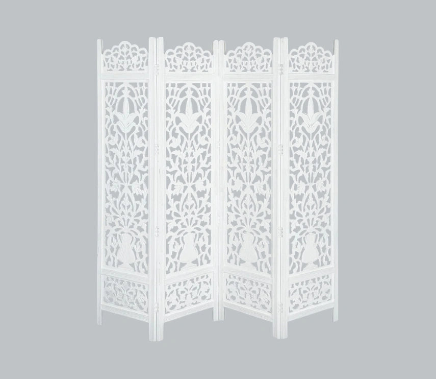 Urbane Crafts Handcrafted Wooden Room Divider & Living Room Partition | 4-Panel Solid Mango Wood & MDF Privacy Screen with Elegant Floral Vase Carvings | Pristine White Finish
