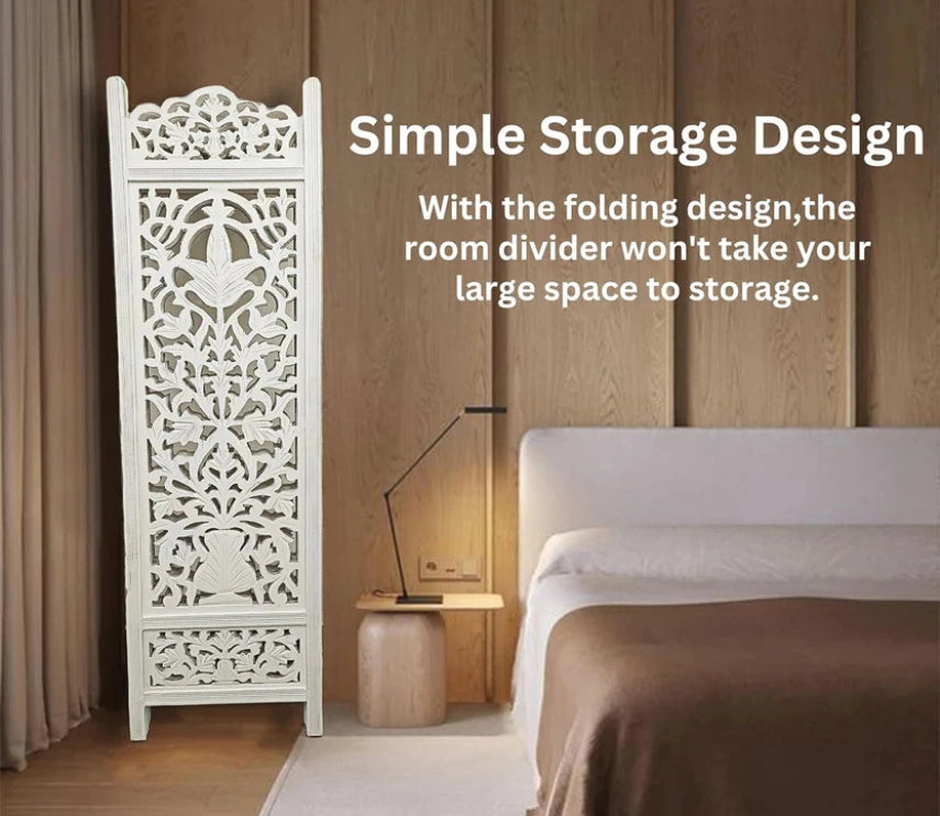Urbane Crafts Handcrafted Wooden Room Divider & Living Room Partition | 4-Panel Solid Mango Wood & MDF Privacy Screen with Elegant Floral Vase Carvings | Pristine White Finish