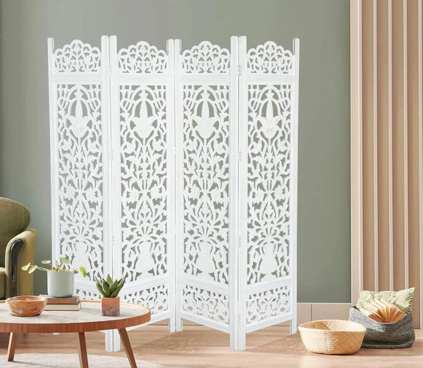 Urbane Crafts Handcrafted Wooden Room Divider & Living Room Partition | 4-Panel Solid Mango Wood & MDF Privacy Screen with Elegant Floral Vase Carvings | Pristine White Finish
