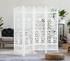 Urbane Crafts Handcrafted Wooden Room Divider & Living Room Partition | 4-Panel Solid Mango Wood & MDF Privacy Screen with Elegant Floral Vase Carvings | Pristine White Finish