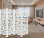 Urbane Crafts Handcrafted Wooden Room Divider & Living Room Partition | 4-Panel Solid Mango Wood & MDF Privacy Screen with Elegant Floral Vase Carvings | Pristine White Finish
