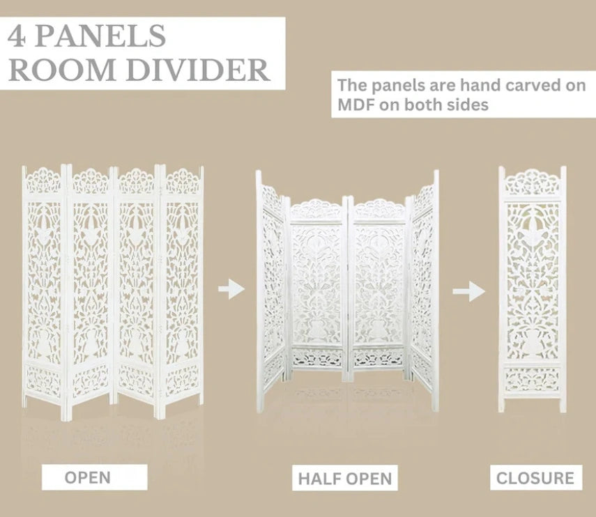 Urbane Crafts Handcrafted Wooden Room Divider & Living Room Partition | 4-Panel Solid Mango Wood & MDF Privacy Screen with Elegant Floral Vase Carvings | Pristine White Finish
