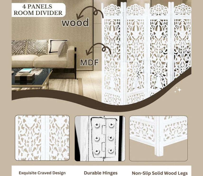 Urbane Crafts Handcrafted Wooden Room Divider & Living Room Partition | 4-Panel Solid Mango Wood & MDF Privacy Screen with Elegant Floral Vase Carvings | Pristine White Finish