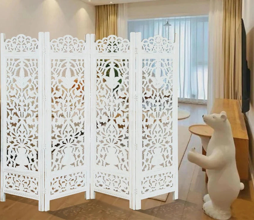 Urbane Crafts Handcrafted Wooden Room Divider & Living Room Partition | 4-Panel Solid Mango Wood & MDF Privacy Screen with Elegant Floral Vase Carvings | Pristine White Finish