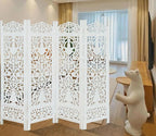 Urbane Crafts Handcrafted Wooden Room Divider & Living Room Partition | 4-Panel Solid Mango Wood & MDF Privacy Screen with Elegant Floral Vase Carvings | Pristine White Finish
