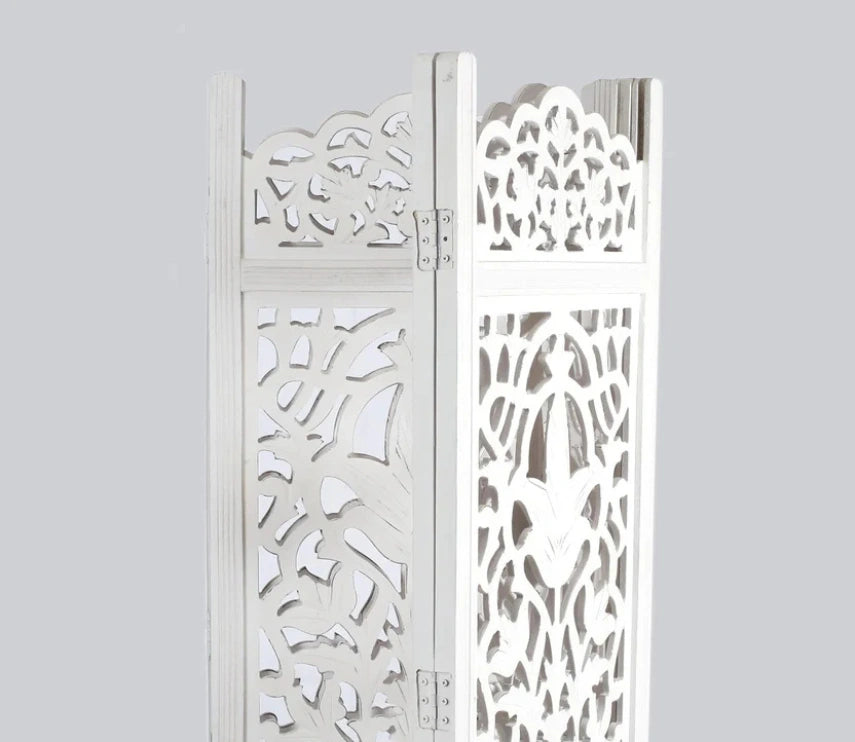 Urbane Crafts Handcrafted Wooden Room Divider & Living Room Partition | 4-Panel Solid Mango Wood & MDF Privacy Screen with Elegant Floral Vase Carvings | Pristine White Finish