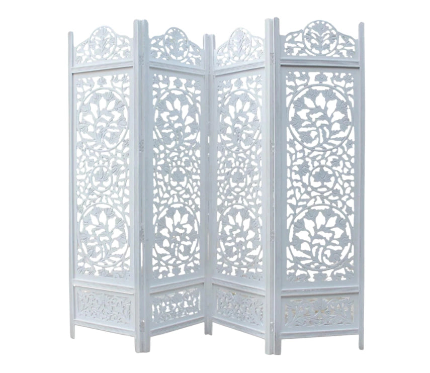 Urbane Crafts Handcrafted Wooden Room Divider & Living Room Partition | 4-Panel Solid Mango Wood & MDF Privacy Screen with Intricate Circular Tree of Life Carvings | Distressed White Wash Finish