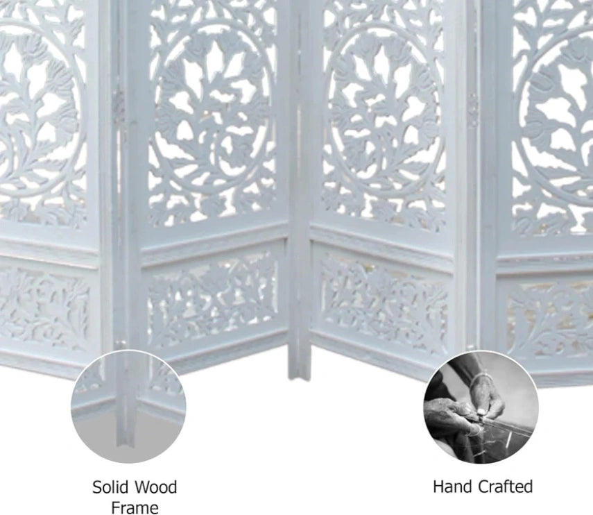 Urbane Crafts Handcrafted Wooden Room Divider & Living Room Partition | 4-Panel Solid Mango Wood & MDF Privacy Screen with Intricate Circular Tree of Life Carvings | Distressed White Wash Finish