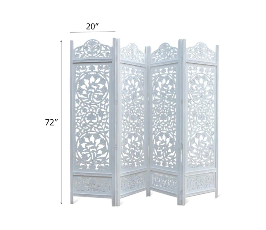 Urbane Crafts Handcrafted Wooden Room Divider & Living Room Partition | 4-Panel Solid Mango Wood & MDF Privacy Screen with Intricate Circular Tree of Life Carvings | Distressed White Wash Finish