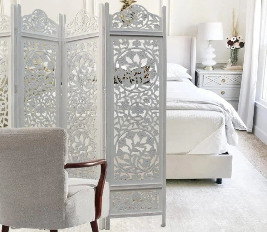 Urbane Crafts Handcrafted Wooden Room Divider & Living Room Partition | 4-Panel Solid Mango Wood & MDF Privacy Screen with Intricate Circular Tree of Life Carvings | Distressed White Wash Finish