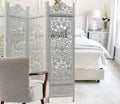 Urbane Crafts Handcrafted Wooden Room Divider & Living Room Partition | 4-Panel Solid Mango Wood & MDF Privacy Screen with Intricate Circular Tree of Life Carvings | Distressed White Wash Finish