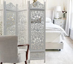 Urbane Crafts Handcrafted Wooden Room Divider & Living Room Partition | 4-Panel Solid Mango Wood & MDF Privacy Screen with Intricate Circular Tree of Life Carvings | Distressed White Wash Finish