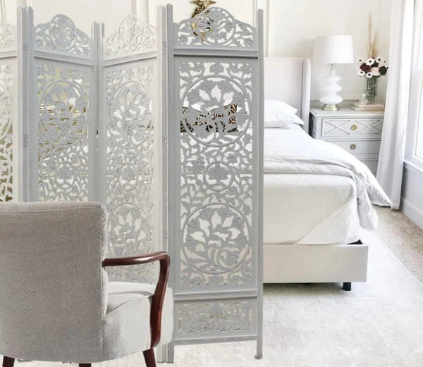 Urbane Crafts Handcrafted Wooden Room Divider & Living Room Partition | 4-Panel Solid Mango Wood & MDF Privacy Screen with Intricate Circular Tree of Life Carvings | Distressed White Wash Finish