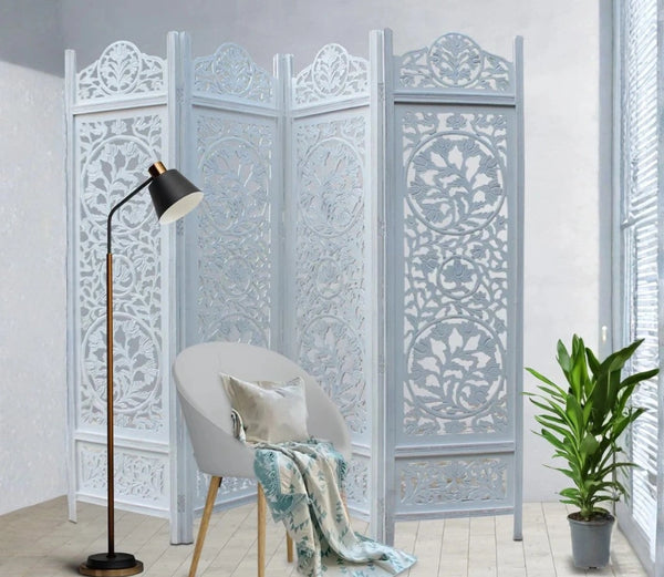 Urbane Crafts Handcrafted Wooden Room Divider & Living Room Partition | 4-Panel Solid Mango Wood & MDF Privacy Screen with Intricate Circular Tree of Life Carvings | Distressed White Wash Finish