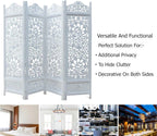 Urbane Crafts Handcrafted Wooden Room Divider & Living Room Partition | 4-Panel Solid Mango Wood & MDF Privacy Screen with Intricate Circular Tree of Life Carvings | Distressed White Wash Finish