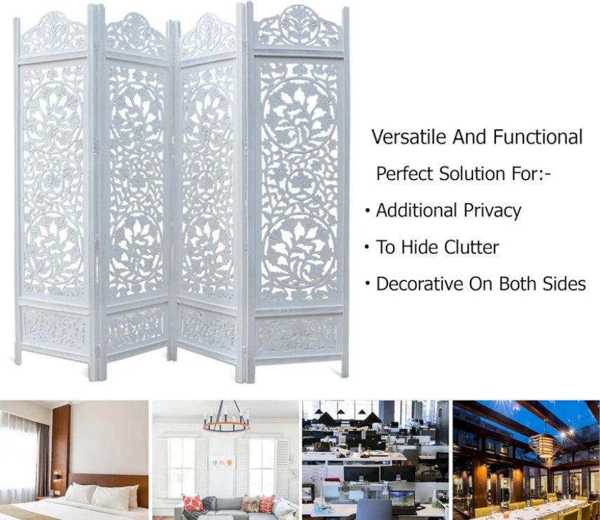 Urbane Crafts Handcrafted Wooden Room Divider & Living Room Partition | 4-Panel Solid Mango Wood & MDF Privacy Screen with Intricate Circular Tree of Life Carvings | Distressed White Wash Finish