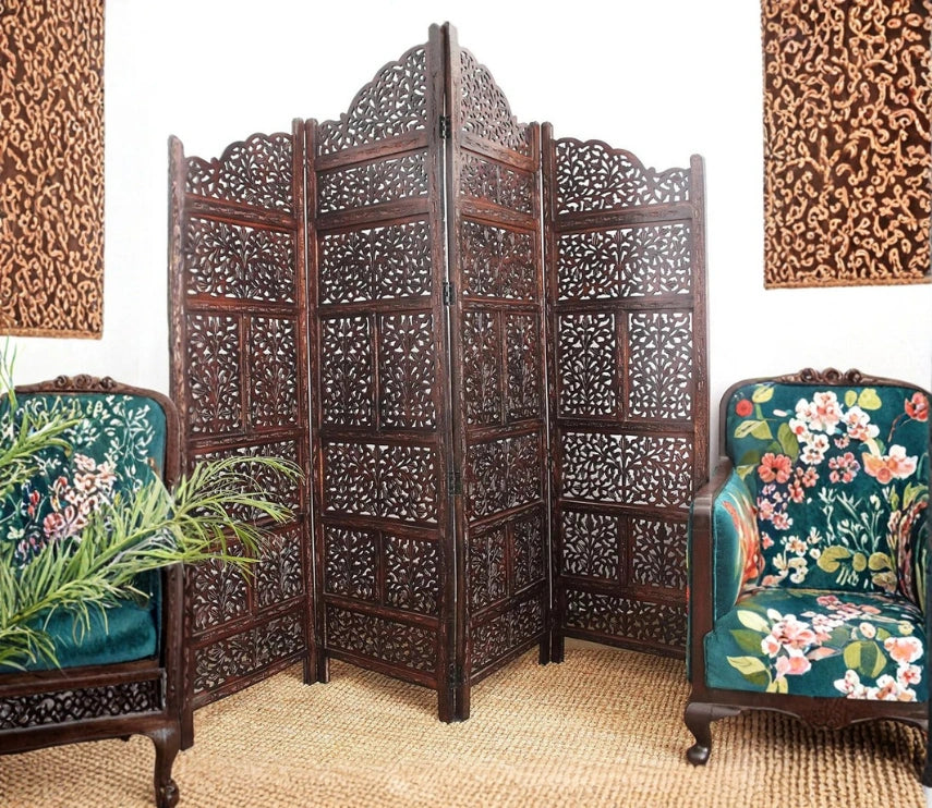 Urbane Crafts Handcrafted Wooden Room Divider & Living Room Partition | 4-Panel Solid Mango Wood & MDF Privacy Screen with Tiered Floral Leaf Carvings | Classic Antique Burnished Finish