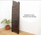 Urbane Crafts Handcrafted Wooden Room Divider & Living Room Partition | 4-Panel Solid Mango Wood & MDF Privacy Screen with Tiered Floral Leaf Carvings | Classic Antique Burnished Finish