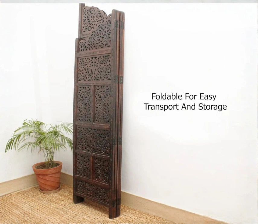 Urbane Crafts Handcrafted Wooden Room Divider & Living Room Partition | 4-Panel Solid Mango Wood & MDF Privacy Screen with Tiered Floral Leaf Carvings | Classic Antique Burnished Finish