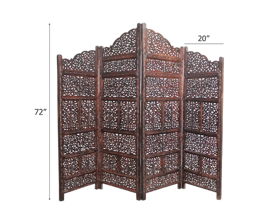 Urbane Crafts Handcrafted Wooden Room Divider & Living Room Partition | 4-Panel Solid Mango Wood & MDF Privacy Screen with Tiered Floral Leaf Carvings | Classic Antique Burnished Finish