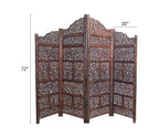 Urbane Crafts Handcrafted Wooden Room Divider & Living Room Partition | 4-Panel Solid Mango Wood & MDF Privacy Screen with Tiered Floral Leaf Carvings | Classic Antique Burnished Finish