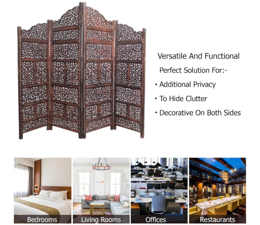 Urbane Crafts Handcrafted Wooden Room Divider & Living Room Partition | 4-Panel Solid Mango Wood & MDF Privacy Screen with Tiered Floral Leaf Carvings | Classic Antique Burnished Finish