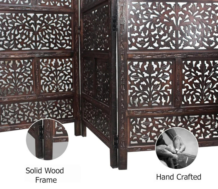 Urbane Crafts Handcrafted Wooden Room Divider & Living Room Partition | 4-Panel Solid Mango Wood & MDF Privacy Screen with Tiered Floral Leaf Carvings | Classic Antique Burnished Finish