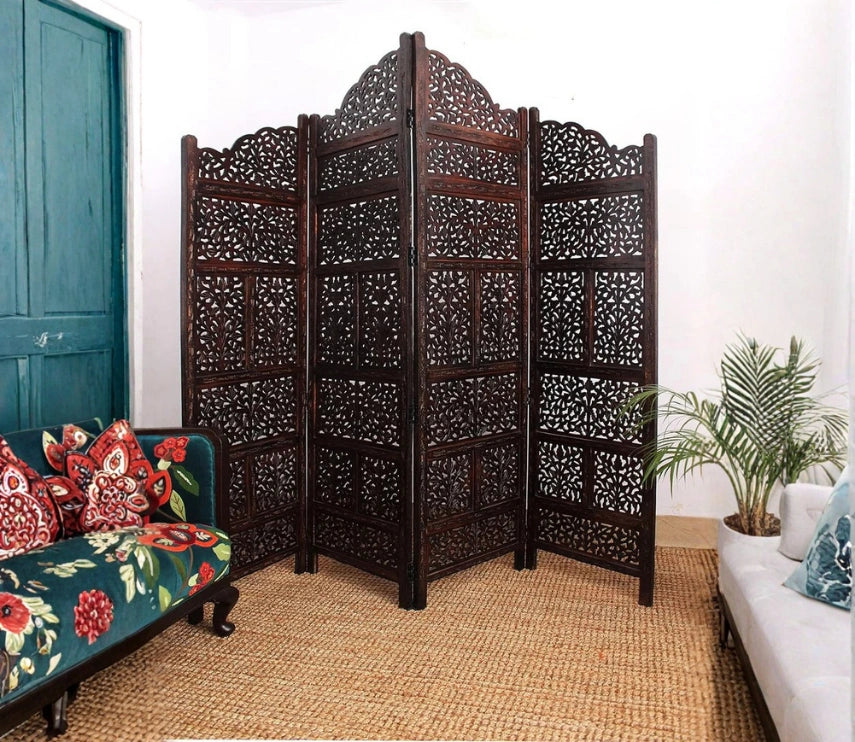 Urbane Crafts Handcrafted Wooden Room Divider & Living Room Partition | 4-Panel Solid Mango Wood & MDF Privacy Screen with Tiered Floral Leaf Carvings | Classic Antique Burnished Finish