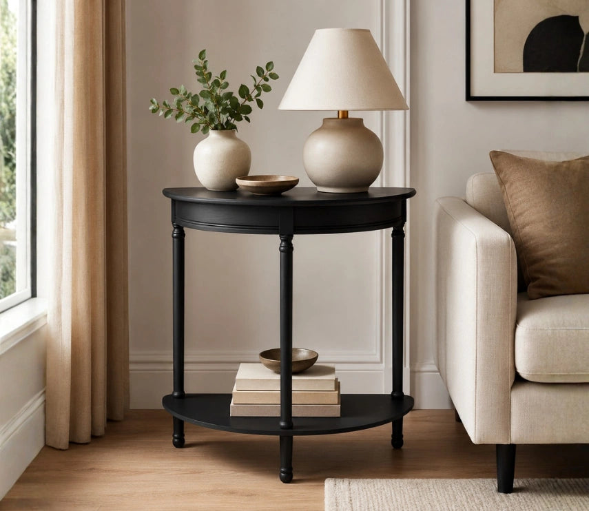 Urbane Crafts Premium Solid Teak Wood Semi-Circular Console Table with Bottom Shelf | Classic Entryway & Living Room Accent Table