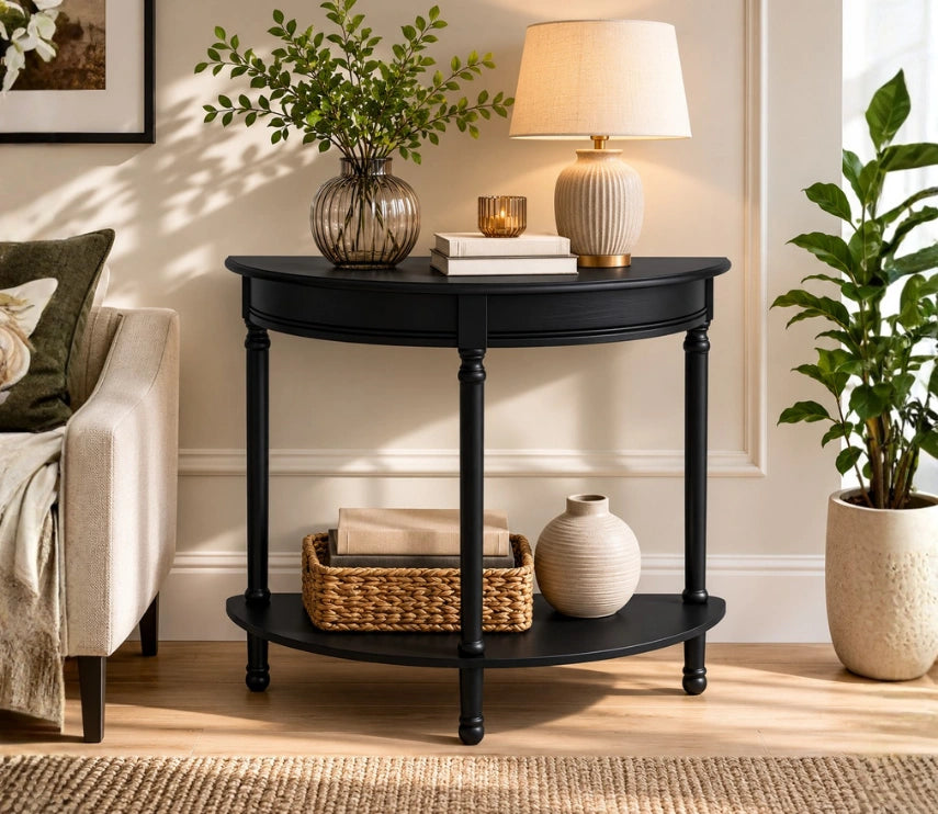 Urbane Crafts Premium Solid Teak Wood Semi-Circular Console Table with Bottom Shelf | Classic Entryway & Living Room Accent Table