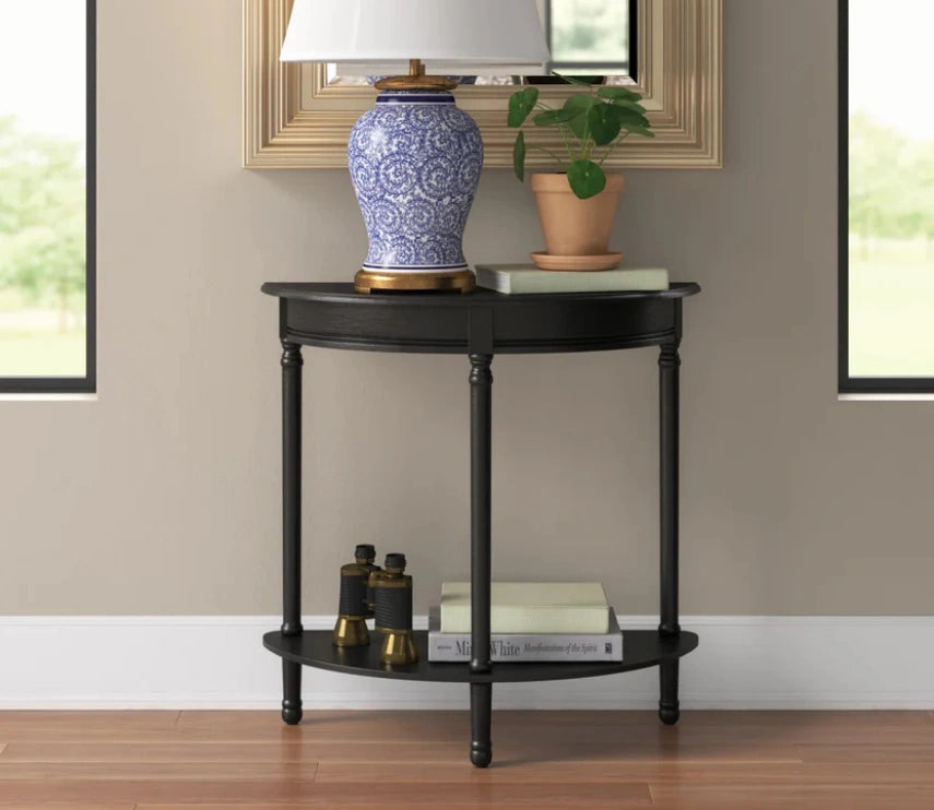 Urbane Crafts Premium Solid Teak Wood Semi-Circular Console Table with Bottom Shelf | Classic Entryway & Living Room Accent Table