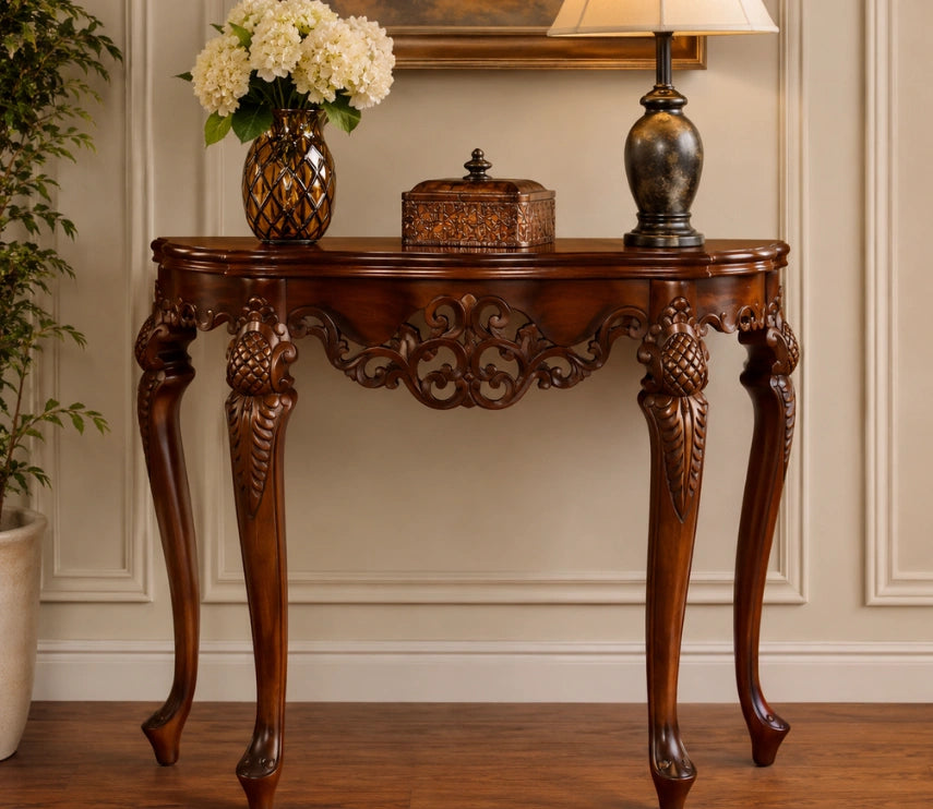 Handcrafted Solid Teak Wood Console Table with Intricate Carved Detailing | Classic Vintage Entryway & Hall Table