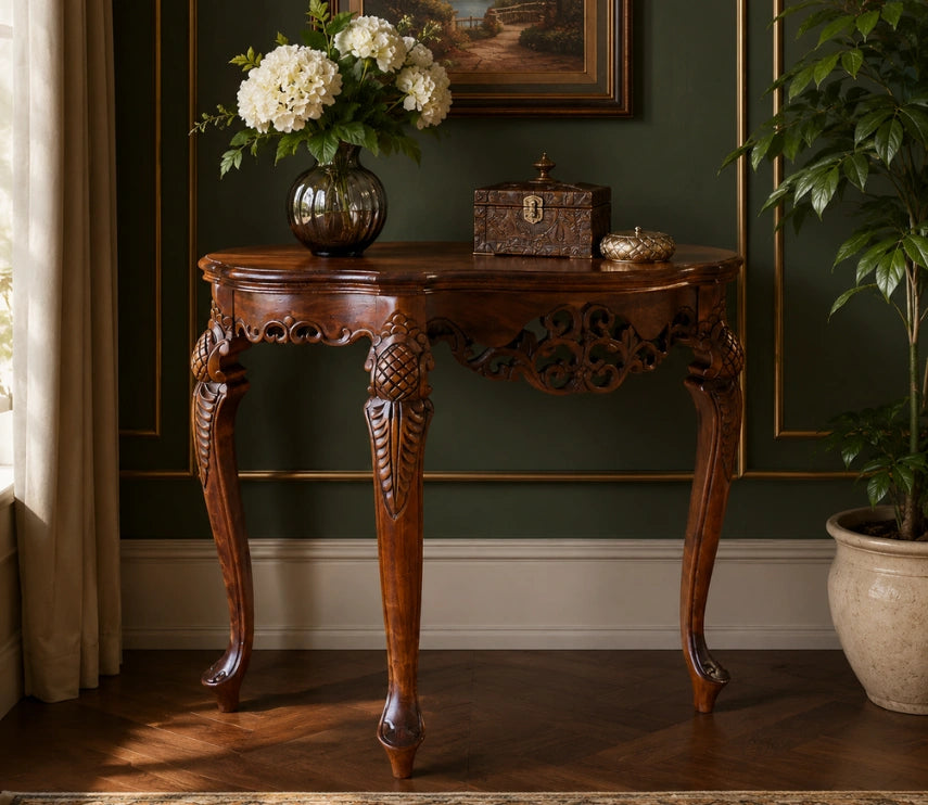 Handcrafted Solid Teak Wood Console Table with Intricate Carved Detailing | Classic Vintage Entryway & Hall Table