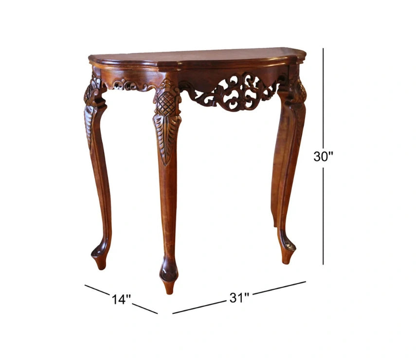 Handcrafted Solid Teak Wood Console Table with Intricate Carved Detailing | Classic Vintage Entryway & Hall Table