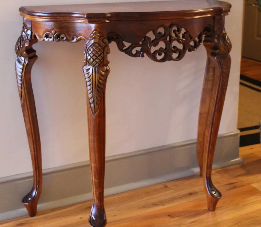 Handcrafted Solid Teak Wood Console Table with Intricate Carved Detailing | Classic Vintage Entryway & Hall Table
